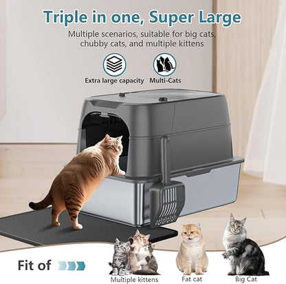 XXXL Jumbo Stainless Steel Litter Box with Lid, 26" L x 18" W x 17" H Extra Large Stainless Steel Litter Box, 400 Count Cat Poop Bags + Cat Litter Mat,Non-Sticky, Anti-Leakage, Easy to Clean
