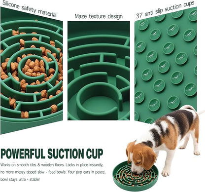 Silicone Slow Feeder Bowl, with Non-Slip Suction Cups, Anti-Choking, Puppy Puzzle Bowl, Slows Down Eating Speed, Relieves Anxiety, Suitable for S&M Sized Dogs and Cats(Green