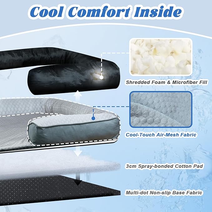 GGIB Cooling Dog Bed Mat with Bolster Pillow Washable Dog Couch Cover Breathable Summer Pet Couch Bed Protector Indoor(Large, Cooling Grey)