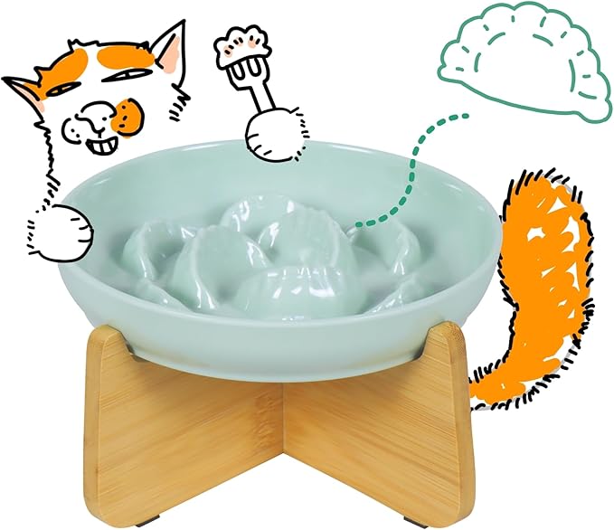 Slow Feeder Cat Bowl with Stand - Unbreakable Elevated Slow Feeder Bowl for Cats - Melamine Puzzle Raised Cat Food Bowl - Whisker Friendly & Wet & Dry Food- Dishwasher Safe & Non Slip (Green