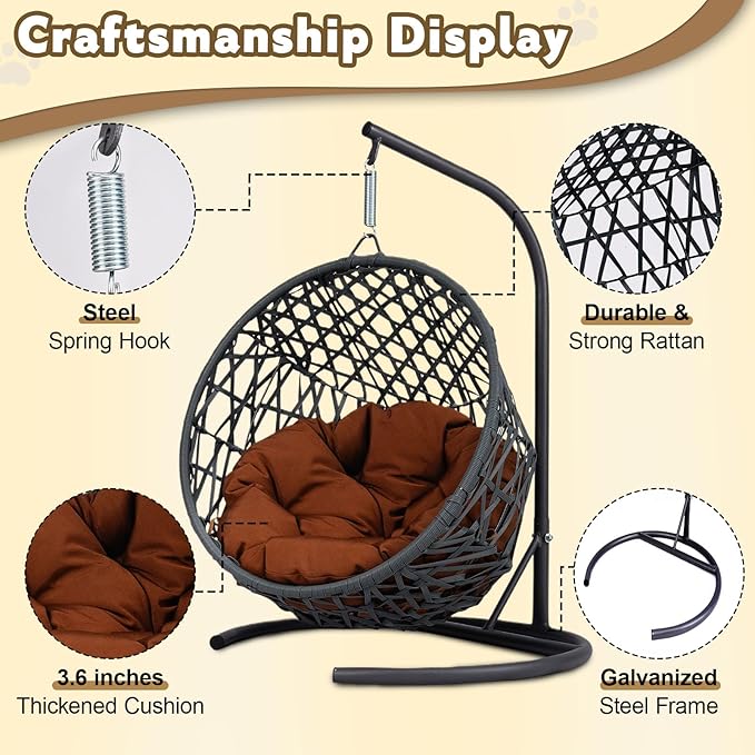 Cat Swing Bed with Stand & Cushion Indoor Outdoor, Cat Egg Chair with Rattan Wicker Appearance, Indoor Hanging Swinging Hammocks Cats Bed for Cat, Dogs, and Small Animals (Brown)