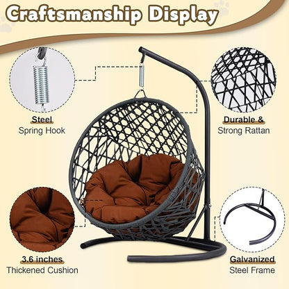Cat Swing Bed with Stand & Cushion Indoor Outdoor, Cat Egg Chair with Rattan Wicker Appearance, Indoor Hanging Swinging Hammocks Cats Bed for Cat, Dogs, and Small Animals (Brown)