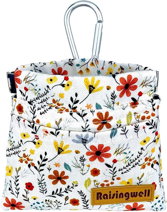 Raisingwell Dog Treat Pouch, Small Cotton Pocket Sized Training Holder, Hand Free Walking Funny Bag with Carabiner, Self-Closing Pet Feed Snack Reward, Behavior Aids for Puppy Travel or Outdoor Use
