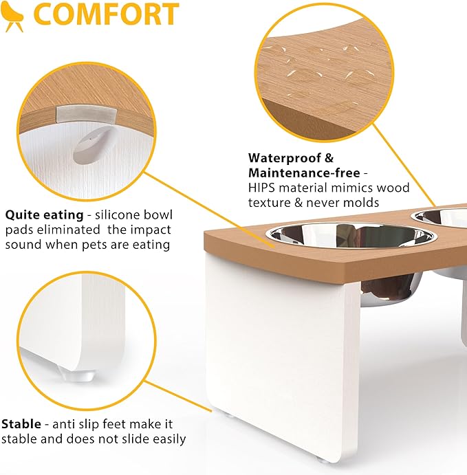 Elevated Dog Bowls, Waterproof Raised Dog Bowl for Medium Dogs, HIPS Poly Lumber Stand with 2 Stainless Steel Bowls, Indoor & Outdoor Use (7'' Tall-40 oz Bowl, Teak-White)