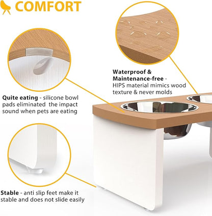 Elevated Dog Bowls, Waterproof Raised Dog Bowl for Medium Dogs, HIPS Poly Lumber Stand with 2 Stainless Steel Bowls, Indoor & Outdoor Use (7'' Tall-40 oz Bowl, Teak-White)
