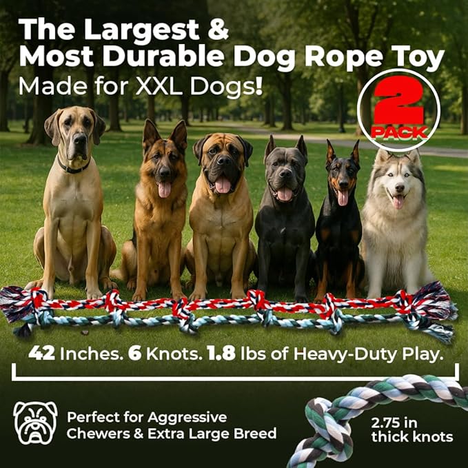 Giant Dog Rope Toys for Extra Large Dogs 2 Pack- 42 Inch, 6 Knot Tough Rope Chew Toys for Large Dogs - Benefits Non-Profit Animal Rescue - Indestructible Dog Toy for Aggressive Chewers (Red/Green 2PK)