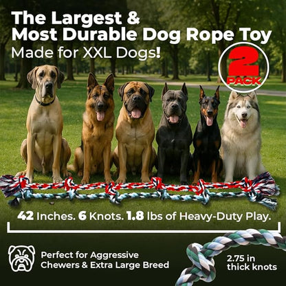 Giant Dog Rope Toys for Extra Large Dogs 2 Pack- 42 Inch, 6 Knot Tough Rope Chew Toys for Large Dogs - Benefits Non-Profit Animal Rescue - Indestructible Dog Toy for Aggressive Chewers (Red/Green 2PK)