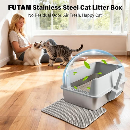 2Pack Stainless Steel Litter Box, XL Extra Large Cat Litter Boxes for Big Cats, Metal Litter Box with Lid High Sides, Leak-Proof, Never Absorbs Odors, Easy Cleaning, Non-Stick, Scoop Included
