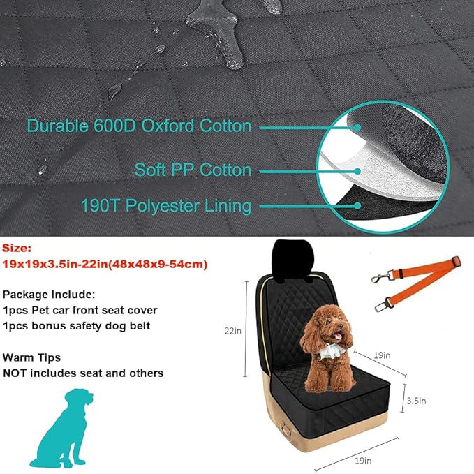 Front Pet Seat Cover Protector for Dogs Cats Car Nonslip Scratchproof Waterproof Washable Pets Front Seats Covers for Cars Trucks SUVs Vans (Black)