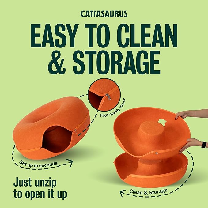 Cattasaurus Peekaboo Cat Cave, Extra Spacious for Multiple & Large Cats 15+ lbs, Scratch Detachable Cat Beds for Indoor Cats, Washable Tunnel Bed, Comfy Donut Tunnel (Orange, Jumbo)