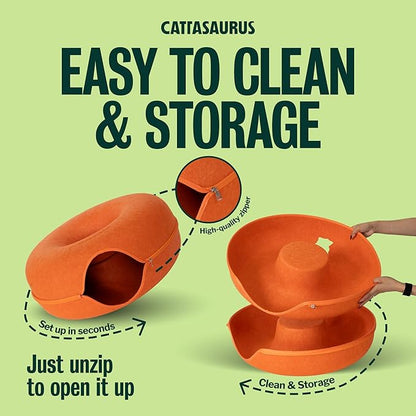 Cattasaurus Peekaboo Cat Cave, Extra Spacious for Multiple & Large Cats 15+ lbs, Scratch Detachable Cat Beds for Indoor Cats, Washable Tunnel Bed, Comfy Donut Tunnel (Orange, Jumbo)