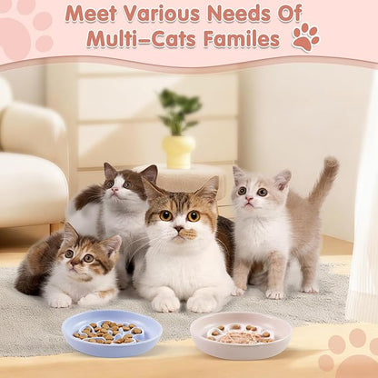 Cat Slow Feeder Bowl Set - 2 Pcs Pastel Series Cat Plate for Dry and Wet Food - Cute Maze Feeder Dish for Healthy Eating- Slow Feeding Bowls Whisker Friendly - Dishwasher Safe(Blue and Pink)