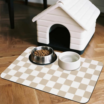 Checkered Dog Food Mat, Absorbent Leak-Proof Pet Feeding Mat, Quick Dry Cat Food Mat for Messy Drinkers 17" x 32" Khaki