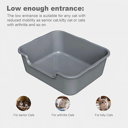 Extra Large Cat Litter Box (ABS Material), Low Entry High Sides Senior Litter Pen for Geriatric Kitty Big Cats, Jumbo Litter Boxes Tray for Multi Cat Indoor Pets Potty (Gray, 24" L x 20" W x13)