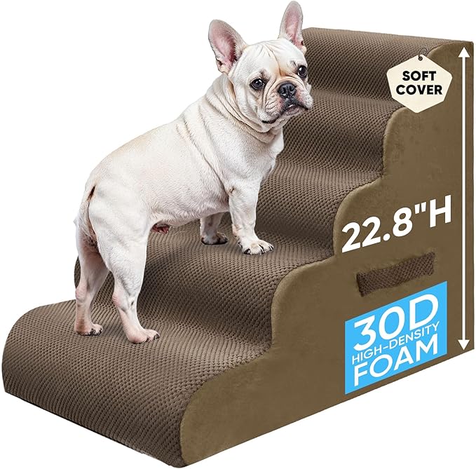 PAWSCART Pet Stairs for Dogs 5-Step, 22.8" H Pet Stairs for High Bed, Couch Sofa & Chair, 30D Material Soft Foam Dog Steps with Non-Slip Bottom Surface Removable Washable Cover, Brown