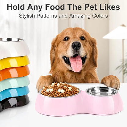 Elevated Dog Bowls Set - Non-Slip Raised Pet Feeder with Medium (10 oz) & Large (20 oz) Stainless Steel Bowls - Includes Durable Resin Stand for Corgi Puppies and Adult Cats - Pink