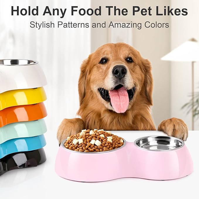 Double Dog Bowls Set – Non-Slip Pet Food & Water Dishes with Resin Stand, Includes Small (1 Cup) & Medium (2 Cups) Bowls – Ideal for Puppies and Cats– Pink
