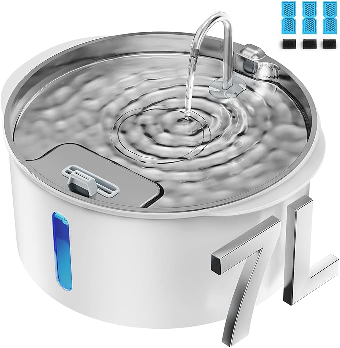 Pektaco Dog Water Fountain for Large Dogs, 1.8Gal/7L Pet Water Fountain, Dog Water Bowl Dispenser with Viewing Window & LED, Super Quiet, Stainless Steel Tray Easy Clean BPA-Free(with 3 Filters)