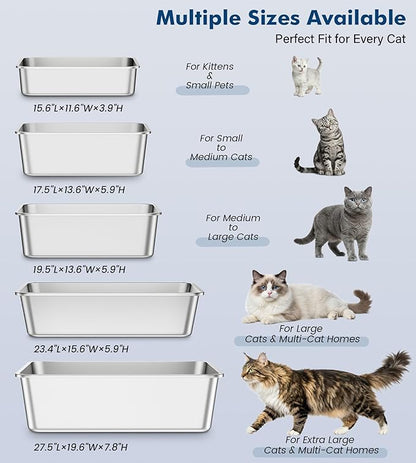 2 Pack Stainless Steel Cat Litter Box, 19.5" L×13.6" W×5.9" H, Metal Kitty Litter Box with High Sided for Big and Small Catss, Non-Stick, Easy to Clean, Odor-Free
