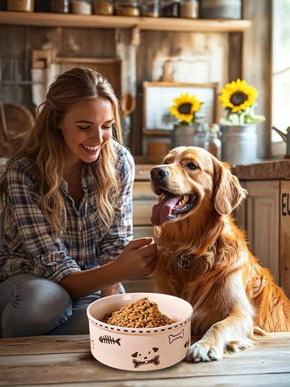 Ceramic Dog Bowl 55oz Heavy Duty Pet Food and Water Bowl for Medium Large Dogs Non Slip Weighted Dog Dish with Cute Bone and Fish Design Easy to Clean