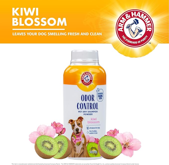 Arm & Hammer for Pets Odor Control Dry Shampoo Powder for Dogs & Puppies, Waterless Dog Deodorizer with Baking Soda, Paraben Sulfate and Dye Free Formula, Kiwi Blossom Scent, 4.2 Oz (Pack of 2)