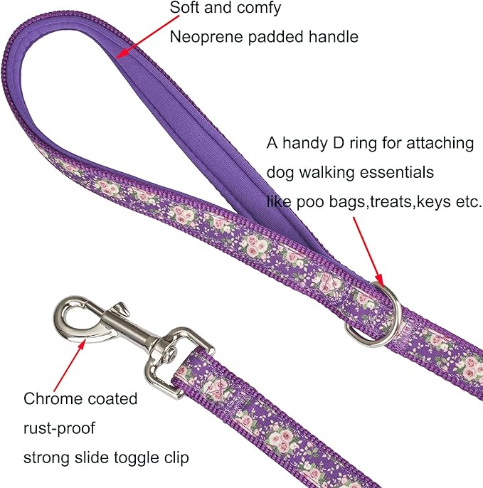 Purple Floral Print Dog Leash - 4Ft Durable Nylon for Medium & Large Dogs, Lightweight (M, Purple Floral)