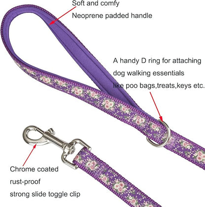 Purple Floral Print Dog Leash - 4Ft Durable Nylon for Medium & Large Dogs, Lightweight (M, Purple Floral)