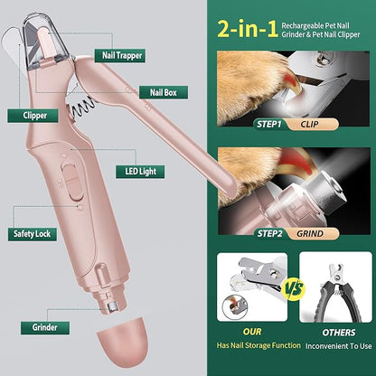 2-in-1 Cat Nail Clippers & Dog Nail Clippers Trimmers for Large Medium Small Dogs Cats Claw Trimmer Quick Sensor and Safety Guard USB Rechargeable with 2 LED Lights Dogs Nail Trimmer