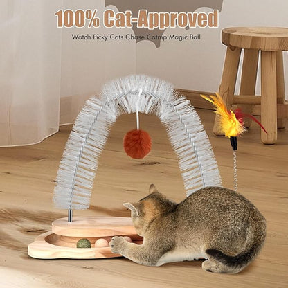 Cat Self Groomer, Cat Brushes for Indoor Cats Self Grooming Face Back Scratcher Rubbing Arch Post Corner Massager w/ Kitten Interactive Catnip Ball Track Toy Must Haves for Chasing Hunting Exercise