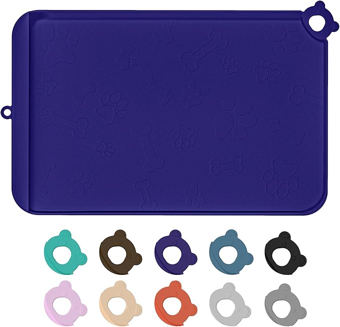 Silicone Dog Food Mat With Residue Collection Pocket - Waterproof Pet Feeding Mat for Cats and Dogs, Raised Edges, Hooks, Placemats for Water Bowl