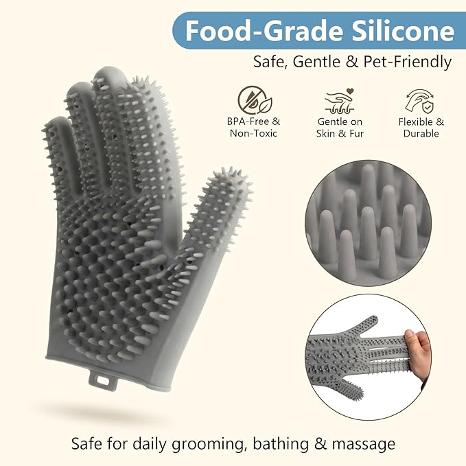 Pet Grooming Gloves for Cats & Dogs, Silicone Pet Hair Removal Glove for Bathing, Shedding & Massage, Gentle Cat & Dog Grooming Glove for Long & Short Hair Pets（Grey-Large）