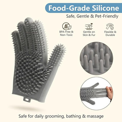 Pet Grooming Gloves for Cats & Dogs, Silicone Pet Hair Removal Glove for Bathing, Shedding & Massage, Gentle Cat & Dog Grooming Glove for Long & Short Hair Pets（Grey-Large）