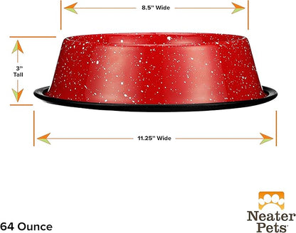 Neater Pet Brands - Outdoor Camping Style Pet Bowl - Enamel Ware Blue Black Granite Colors - Dog Cat No Tip Skid Bowls (64 oz, Red)