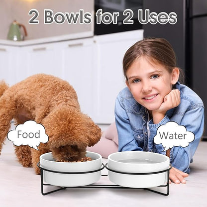 Ceramic Dog and Cat Bowl Set with Stand, 1.7 Cups Dog Food and Water Bowl Suitable for Small and Medium Pets (13.5oz White)