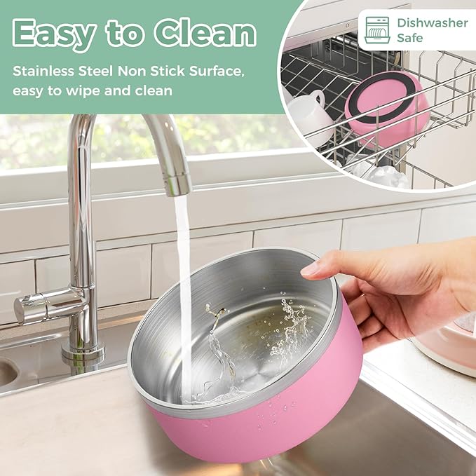 LIHONG Stainless Steel Dog Bowls for Large Dogs,Dog Food Water Bowls with Non Slip Rubber Bottom,Pet Feeding Bowl,Double Wall Insulated,Rustproof(64oz,Pink)