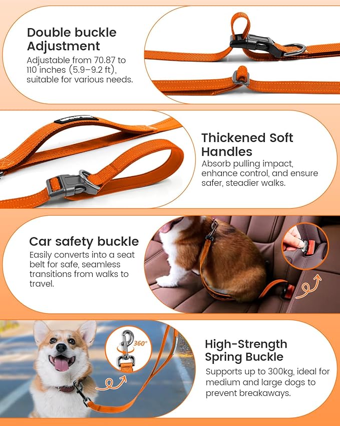 Hands Free Dog Leash, 2-in-1 Detachable Pet Seatbelt,5.9-9.2 ft Crossbody Dog Leash with Double-Sided Reflective for Walking, Hiking, Travel etc.(Orange)