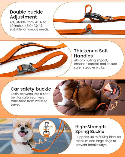Hands Free Dog Leash, 2-in-1 Detachable Pet Seatbelt,5.9-9.2 ft Crossbody Dog Leash with Double-Sided Reflective for Walking, Hiking, Travel etc.(Orange)