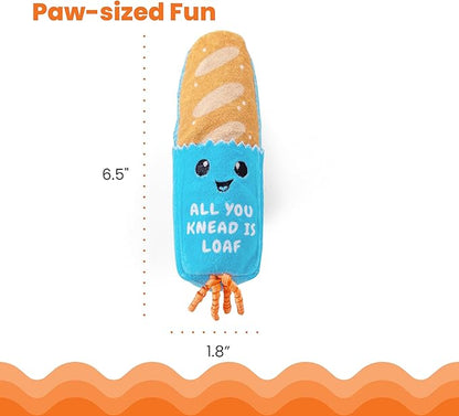 Catstages Loaf Kicker Toy with Catnip and Dental Mesh, Bread Shape, Plush and Ribbon Cat Toy for Kicking, Tossing, and Teeth Cleaning, Tan
