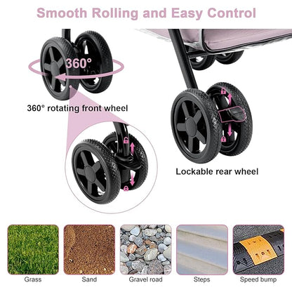 Double Pet Stroller for Dogs and Cats, One-Hand Folding Dog Stroller Travel Carriage for Small Medium Dogs Cats, 4 Wheels, Pink