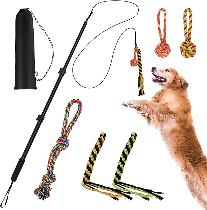 Flirt Pole for Dogs, Extendable Dog Flirt Pole with Detachable Interactive Toys Dog Teaser Wand with Lure Rope Toy for Outdoor Exercise & Training Interactive Toys for Large Medium Small Dogs