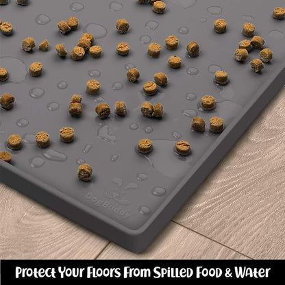 DogBuddy Dog Food Mat – Waterproof Dog Bowl Mat for Food and Water, Silicone Pet Feeding Mats for Floors, Non-Slip Placemat with High Edges for Dogs Bowls, Puppy Essentials (L: 24" x 16", Shadow)