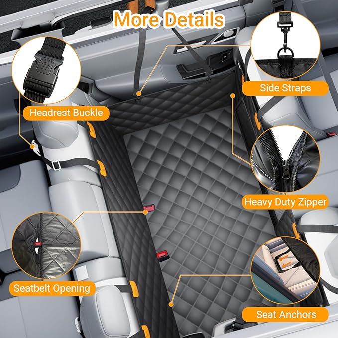 Dog Car Seat Cover for Back Seat with Removable Hard Bottom Board, Back Seat Extender for Dogs, 600D Waterproof Dog Hammock for Car SUV, Anti-Sag Support for Large Dogs, Universal Fit