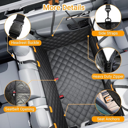 Dog Car Seat Cover for Back Seat with Removable Hard Bottom Board, Back Seat Extender for Dogs, 600D Waterproof Dog Hammock for Car SUV, Anti-Sag Support for Large Dogs, Universal Fit