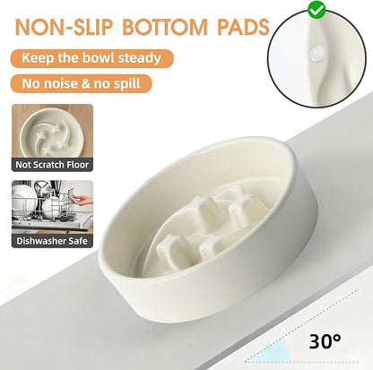 Ceramic Slow Feeder Dog Bowls Small Breed, 0.6 Cups Slow Eating Dog Bowl, Anti-Gulping Puppy Food Bowl Reduce Choking, Puzzle Maze Design Pet Dishes for Fast Eaters, 6.3 inch - Beige