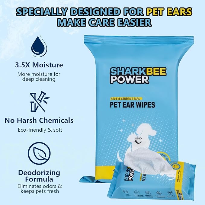 Bamboo Pet Ear Wipes for Dogs & Cats, Gently Clean Dirt, Wax & Odor, Daily Ear Care (70)