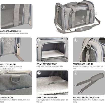 Henkelion Cat Carriers Dog Carrier Pet Carrier For Small / Medium Cats Dogs Puppies (Up To 15lbs), TSA Airline Approved Small Dog Carrier Soft Sided, Collapsible Waterproof Travel Puppy Carrier - Grey