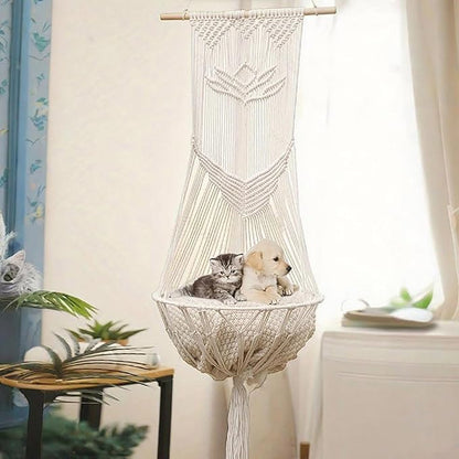 Macrame Cat Hammock-Boho Cat Bed Cotton Wall Hanging for Indoor Outdoor Home Decor, Macrame Cat Bed Hanging for Sleeping, Playing, Climbing and Lounging 49.2" Lx15.74 W