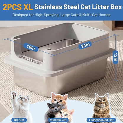 2 Pack XL Stainless Steel Cat Litter Box with Lid and High Sides, 24" L x 16" W x 12" H Extra Large Metal Cat Litter Boxes for Big Cats, Leak-Proof, Non-Stick, Odor-Resistant, Includes Scoop