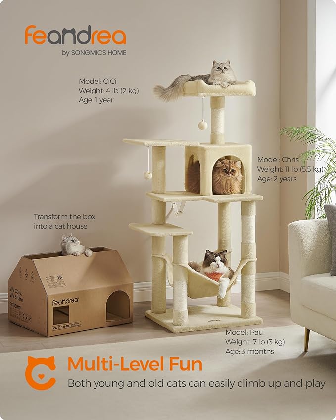 Feandrea Cat Tree, 55.1-Inch Cat Tower, Plush Multi-Level Condo with 4 Scratching Posts, 2 Perches, Hammock, Cave, Beige UPCT161M01