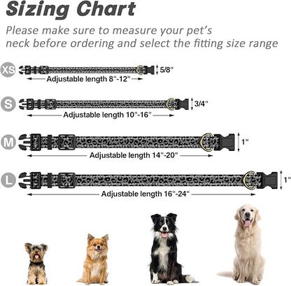 Reflective Dog Collar for Large Dogs, Cute Leopard Style Adjustable Heavy-Duty Nylon Puppy Collar for Boy and Girl Female, Soft Pet Accessories with Quick Release Buckle, Gray